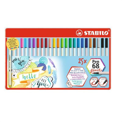 STABILO tindipliiats, Pen 68, pintselotsaga, 25 värvi, metallkarbis